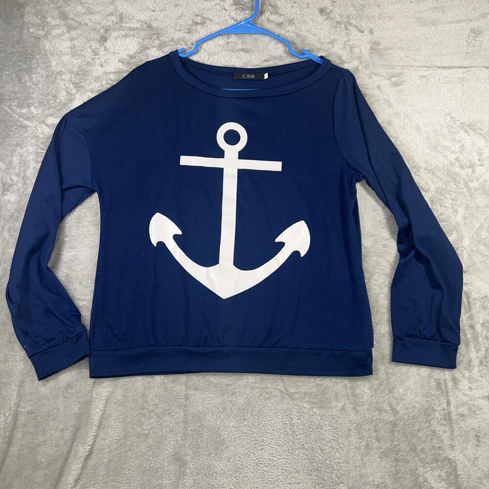 CBR Womens L Navy Blue Anchor Graphic Nauticalcore Coastal Grandma Beachy Casual